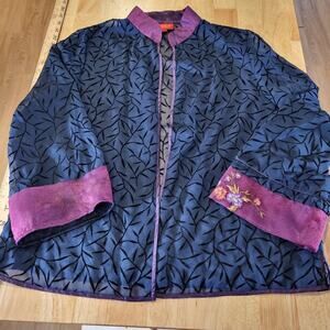 Blue Sheer Botanical Patterned Mandarin Collar Chinese Purple Embroidered Cuffs